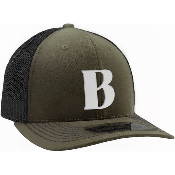Daxton Baseball Trucker Hat 3D Capital Alphabet Letters Structured Mid Profile Cap, Olive Black Hat, White Letter B