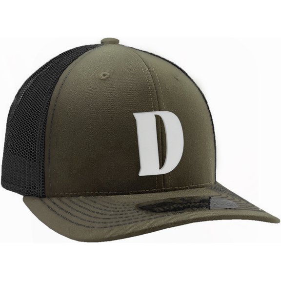 Daxton Baseball Trucker Hat 3D Capital Alphabet Letters Structured Mid Profile Cap, Olive Black Hat, White Letter D