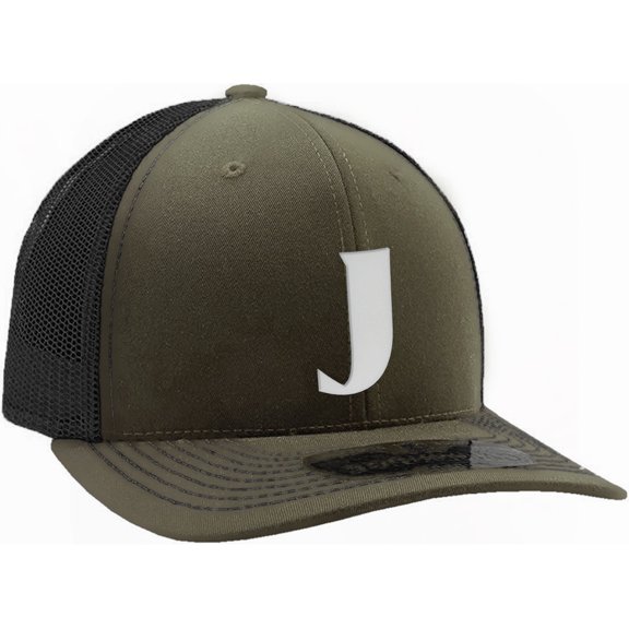 Daxton Baseball Trucker Hat 3D Capital Alphabet Letters Structured Mid Profile Cap, Olive Black Hat, White Letter J