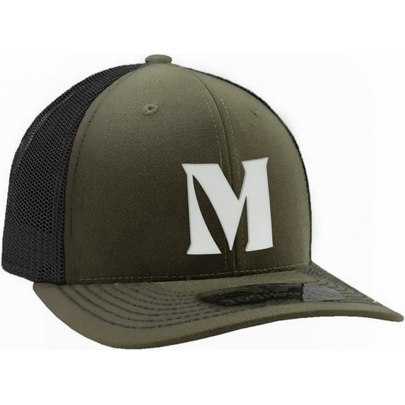 Daxton Baseball Trucker Hat 3D Capital Alphabet Letters Structured Mid Profile Cap, Olive Black Hat, White Letter M