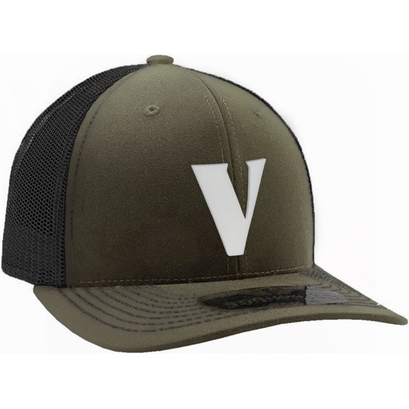 Daxton Baseball Trucker Hat 3D Capital Alphabet Letters Structured Mid Profile Cap, Olive Black Hat, White Letter V