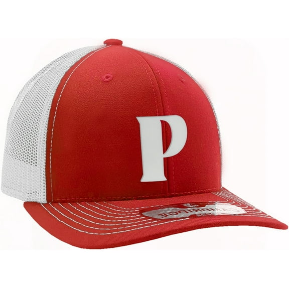 Daxton Baseball Trucker Hat 3D Capital Alphabet Letters Structured Mid Profile Cap, Red White Hat, White Letter P