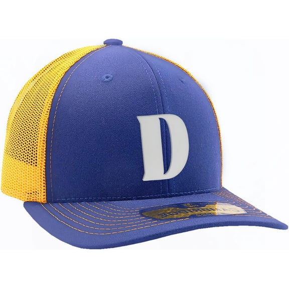 Daxton Baseball Trucker Hat 3D Capital Alphabet Letters Structured Mid Profile Cap, Royal Gold Hat, White Letter D