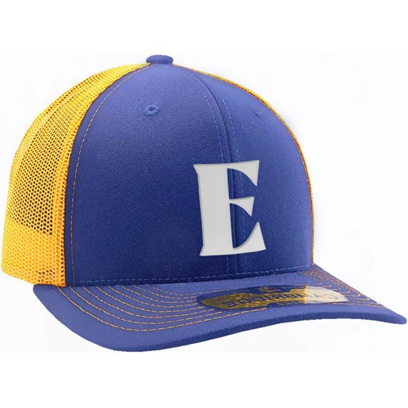 Daxton Baseball Trucker Hat 3D Capital Alphabet Letters Structured Mid Profile Cap, Royal Gold Hat, White Letter E