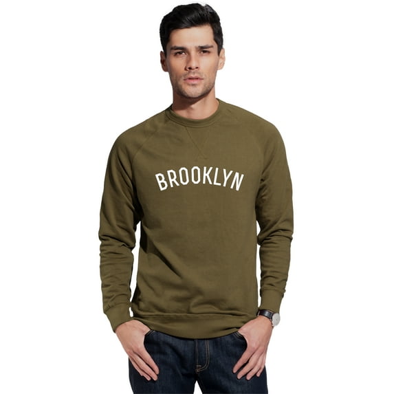 Daxton Brooklyn Sweatshirt Athletic Fit Pullover Crewneck French Terry Fabric, Olive Sweatshirt White Letters, S
