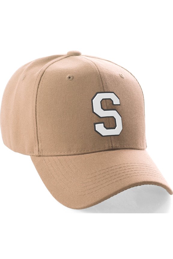 Classic Baseball Hat Custom A to Z Initial Team Black White Letter, Khaki Cap Letter S