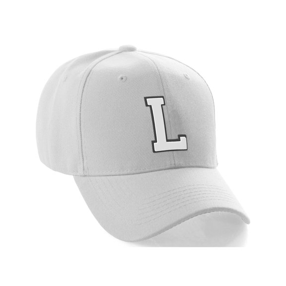 Daxton Classic Baseball Hat Custom Initial Black White Letter, White Cap Letter L