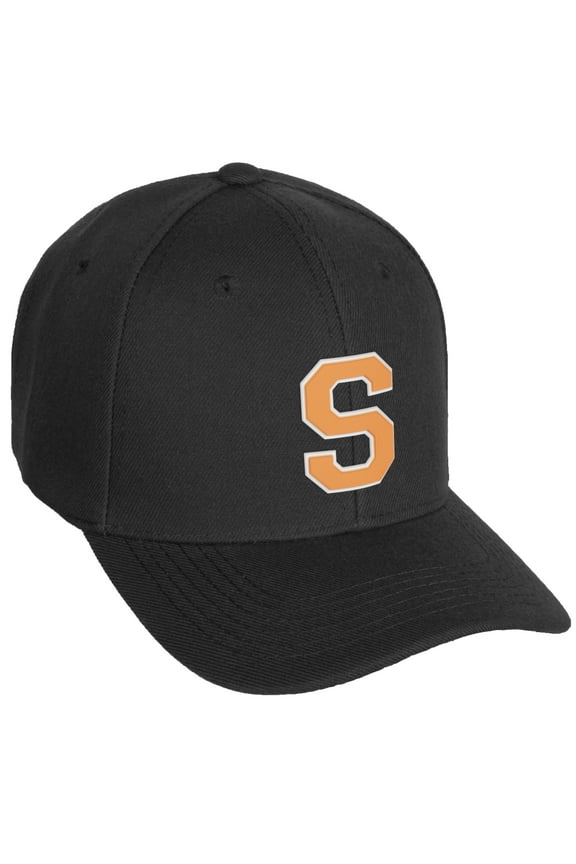 Classic Baseball Hat Custom A to Z Initial Team White Neon Orange Letter, Black Cap, Letter S