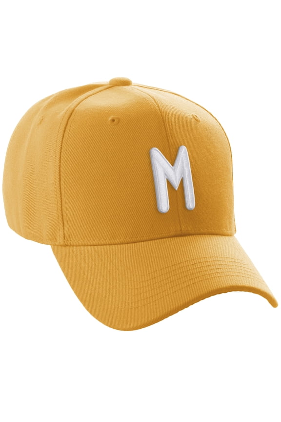 Classic Baseball Hat Embroidered A to Z Letters Structured Mid Profile Cap - Gold, Letter M