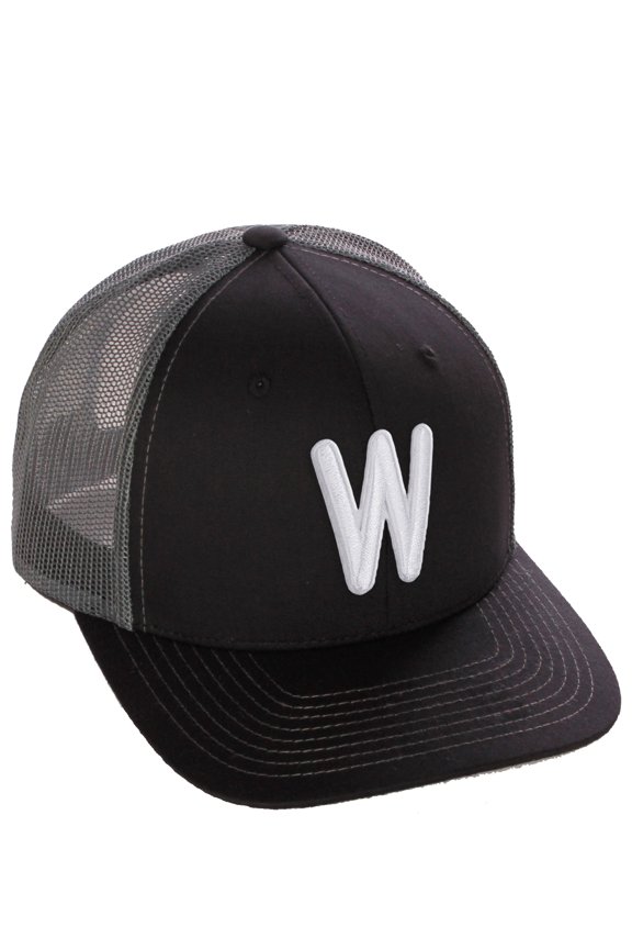Classic Baseball Trucker Hat Embroidered A to Z Letters Structured Mid Profile Cap, Black Charcoal Hat, Letter W