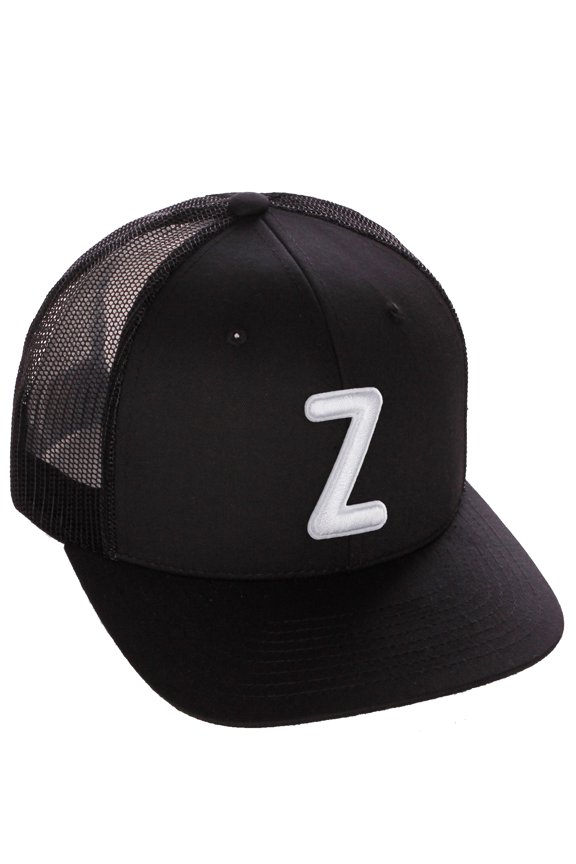 Classic Baseball Trucker Hat Embroidered A to Z Letters Structured Mid Profile Cap, Black Hat, Letter Z