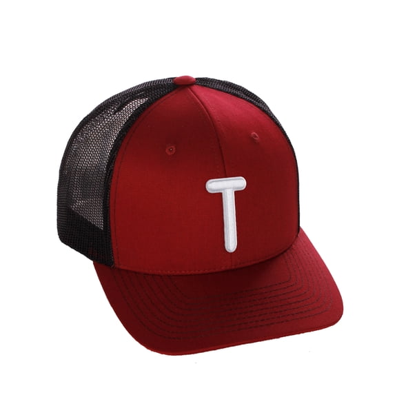 Daxton Classic Baseball Trucker Hat Embroidered A to Z Letters Structured Mid Profile Cap, Burgundy Black Hat, Letter T