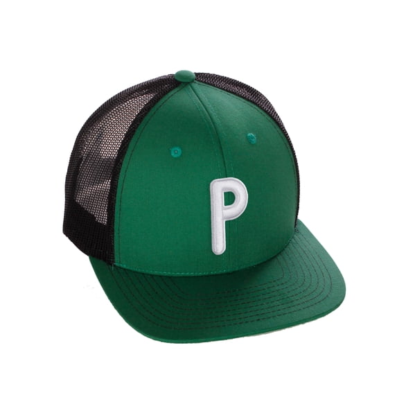 Daxton Classic Baseball Trucker Hat Embroidered A to Z Letters Structured Mid Profile Cap, Green Black Hat, Letter P
