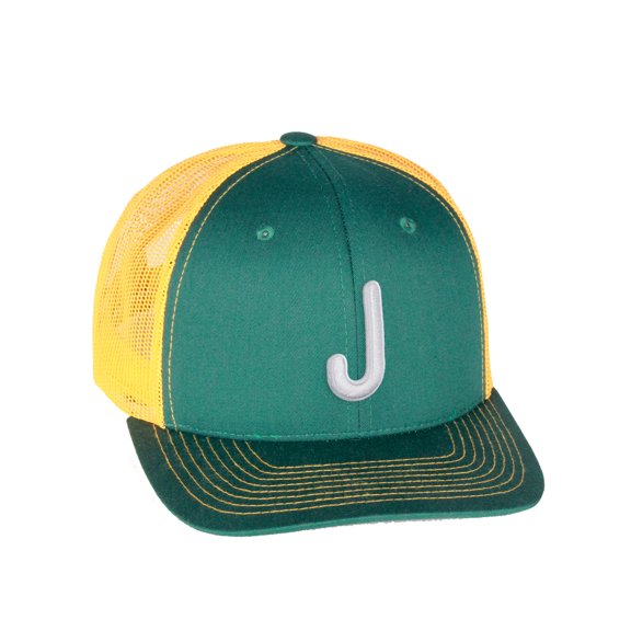 Daxton Classic Baseball Trucker Hat Embroidered A to Z Letters Structured Mid Profile Cap, Green Gold Hat, Letter J