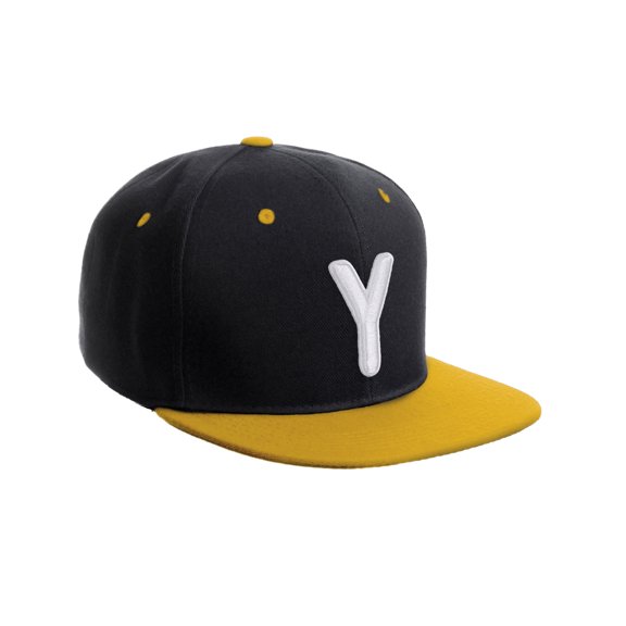 Daxton Classic Snapback 3D Alphabet A to Z Numbers Embroidered Initials Letters Flat Bill Cap - Black Gold Hat, Letter Y