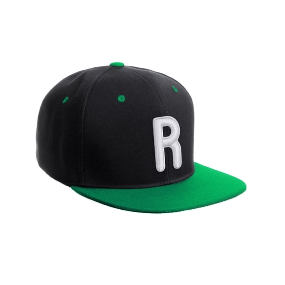 Daxton Classic Snapback 3D Alphabet A to Z Numbers Embroidered Initials Letters Flat Bill Cap - Black Green Hat, Letter R