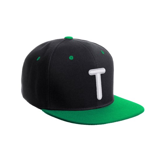Daxton Classic Snapback 3D Alphabet A to Z Numbers Embroidered Initials Letters Flat Bill Cap - Black Green Hat, Letter T