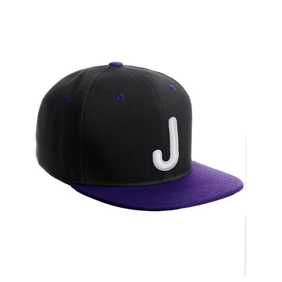 Daxton Classic Snapback 3D Alphabet A to Z Numbers Embroidered Initials Letters Flat Bill Cap - Black Purple Hat, Letter J