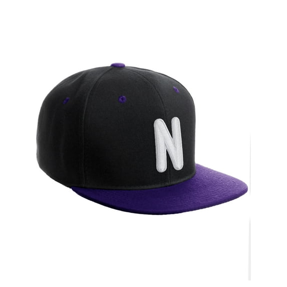 Daxton Classic Snapback 3D Alphabet A to Z Numbers Embroidered Initials Letters Flat Bill Cap - Black Purple Hat, Letter N