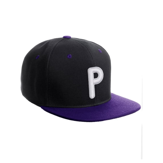 Daxton Classic Snapback 3D Alphabet A to Z Numbers Embroidered Initials Letters Flat Bill Cap - Black Purple Hat, Letter P
