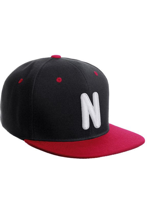 Classic Snapback 3D Alphabet A to Z Numbers Embroidered Initials Letters Flat Bill Cap - Black Red Hat, Letter N