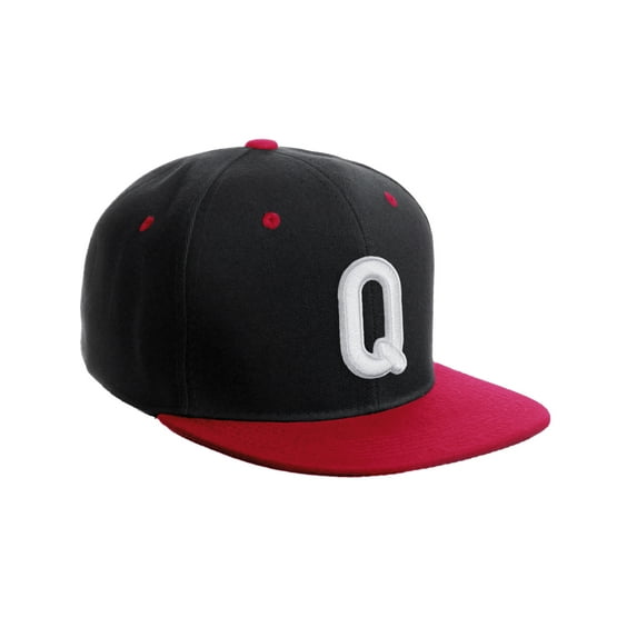 Daxton Classic Snapback 3D Alphabet A to Z Numbers Embroidered Initials Letters Flat Bill Cap - Black Red Hat, Letter Q