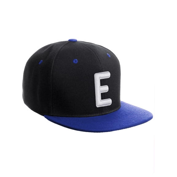 Daxton Classic Snapback 3D Alphabet A to Z Numbers Embroidered Initials Letters Flat Bill Cap - Black Royal Hat, Letter E