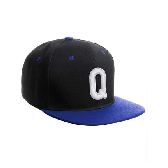 Daxton Classic Snapback 3D Alphabet A to Z Numbers Embroidered Initials Letters Flat Bill Cap - Black Royal Hat, Letter Q