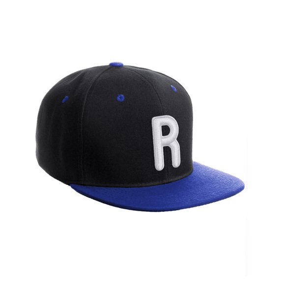 Daxton Classic Snapback 3D Alphabet A to Z Numbers Embroidered Initials Letters Flat Bill Cap - Black Royal Hat, Letter R