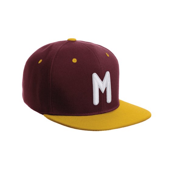 Daxton Classic Snapback 3D Alphabet A to Z Numbers Embroidered Initials Letters Flat Bill Cap - Burgundy Gold Hat, Letter M