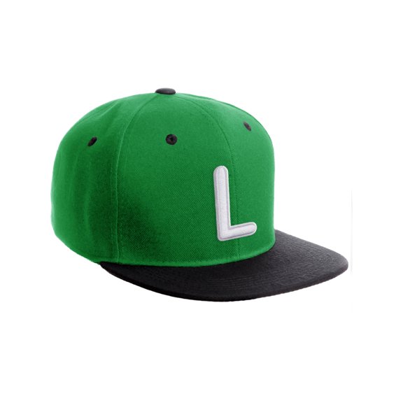 Daxton Classic Snapback 3D Alphabet A to Z Numbers Embroidered Initials Letters Flat Bill Cap - Kelly Black Hat, Letter L