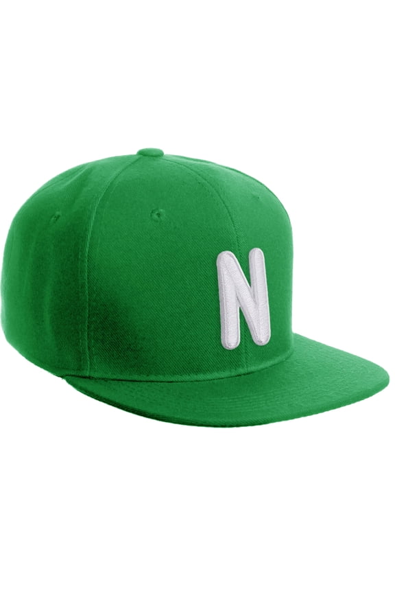 Classic Snapback 3D Alphabet A to Z Numbers Embroidered Initials Letters Flat Bill Cap - Kelly Hat, Letter N