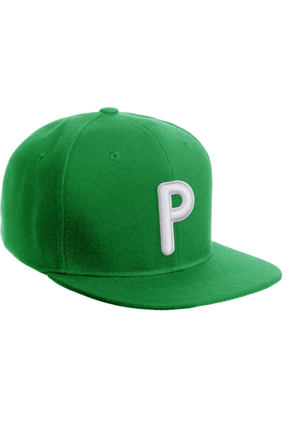 Classic Snapback 3D Alphabet A to Z Numbers Embroidered Initials Letters Flat Bill Cap - Kelly Hat, Letter P