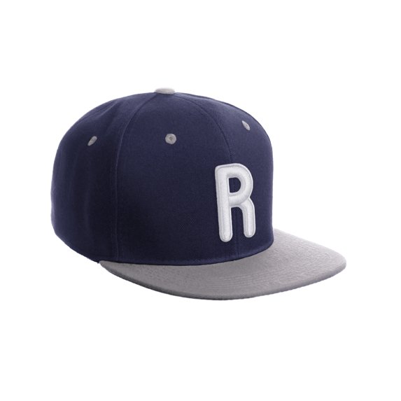 Daxton Classic Snapback 3D Alphabet A to Z Numbers Embroidered Initials Letters Flat Bill Cap - Navy Grey Hat, Letter R