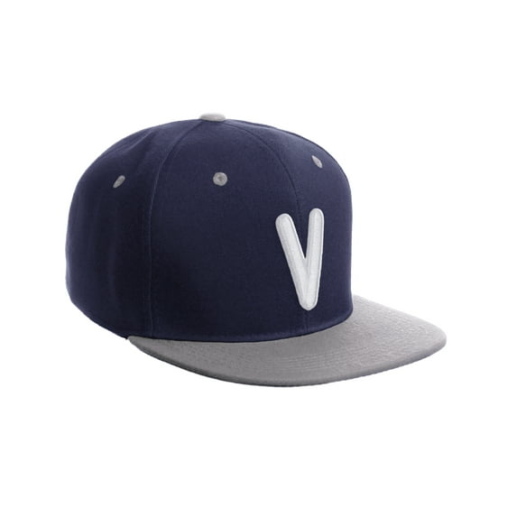 Daxton Classic Snapback 3D Alphabet A to Z Numbers Embroidered Initials Letters Flat Bill Cap - Navy Grey Hat, Letter V