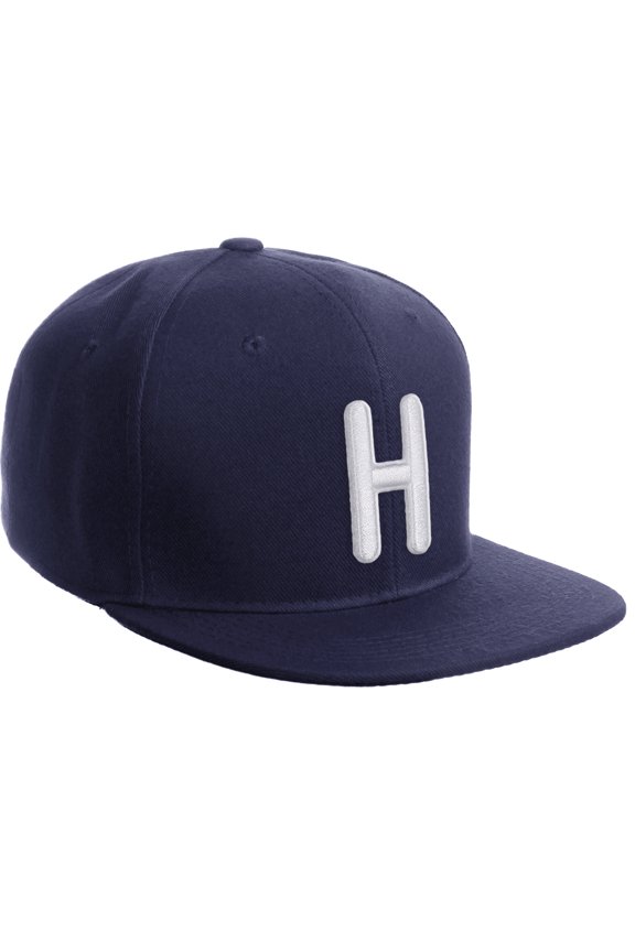 Classic Snapback 3D Alphabet A to Z Numbers Embroidered Initials Letters Flat Bill Cap - Navy Hat, Letter H