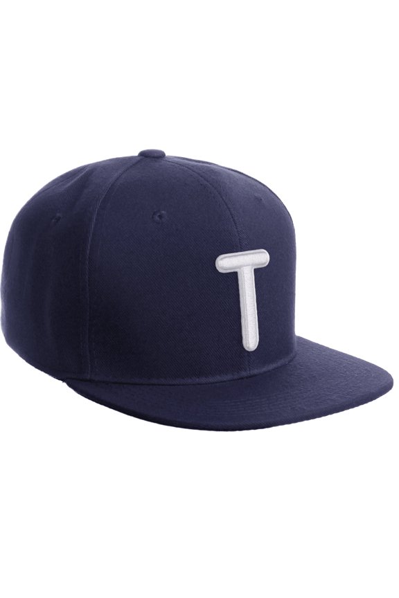 Classic Snapback 3D Alphabet A to Z Numbers Embroidered Initials Letters Flat Bill Cap - Navy Hat, Letter T