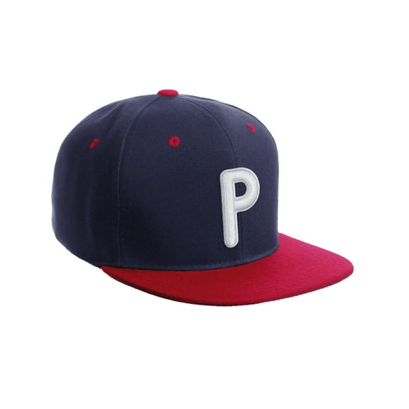 Daxton Classic Snapback 3D Alphabet A to Z Numbers Embroidered Initials Letters Flat Bill Cap - Navy Red Hat, Letter P