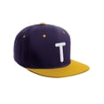 thumbnail image 1 of Daxton Classic Snapback 3D Alphabet A to Z Numbers Embroidered Initials Letters Flat Bill Cap - Purple Gold Hat, Letter T, 1 of 2