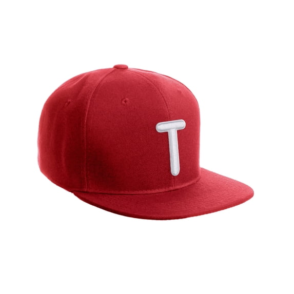 Daxton Classic Snapback 3D Alphabet A to Z Numbers Embroidered Initials Letters Flat Bill Cap - Red Hat, Letter T