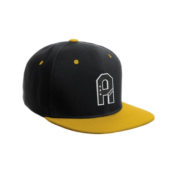 Daxton Classic Snapback 3D Alphabet A to Z Numbers Initials Flat Bill Visor Cap-Black Gold Hat, Letter A