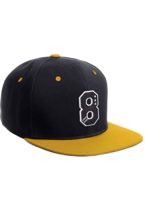 Classic Snapback 3D Alphabet A to Z Numbers Initials Flat Bill Visor Cap-Black Gold Hat, Number 8