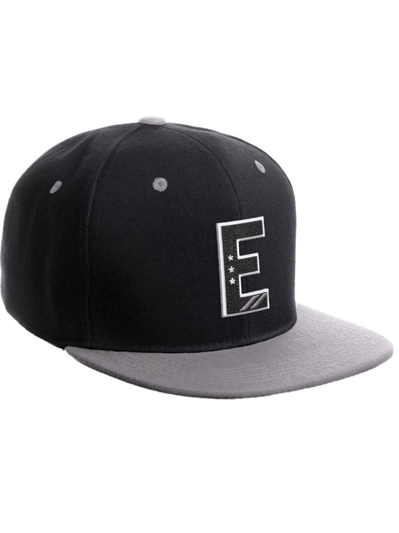Classic Snapback 3D Alphabet A to Z Numbers Initials Flat Bill Visor Cap-Black Grey Hat, Letter E