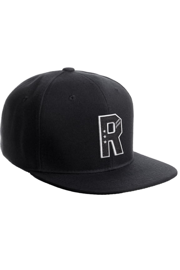 Classic Snapback 3D Alphabet A to Z Numbers Initials Flat Bill Visor Cap-Black Hat, Letter R