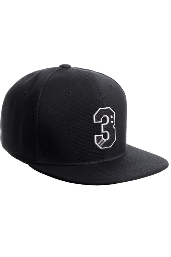 Classic Snapback 3D Initials Flat Bill Visor Cap-Black Hat, Number 3