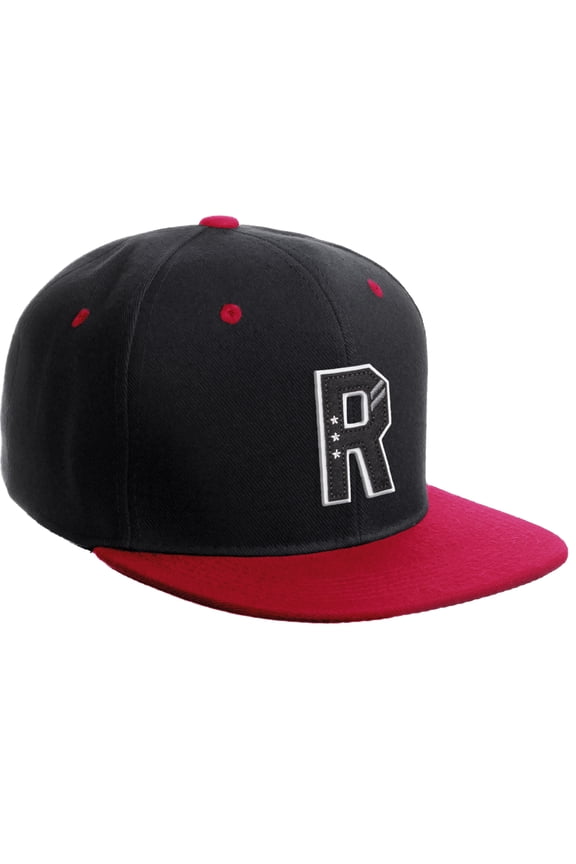 Classic Snapback 3D Alphabet A to Z Numbers Initials Flat Bill Visor Cap-Black Red Hat, Letter R