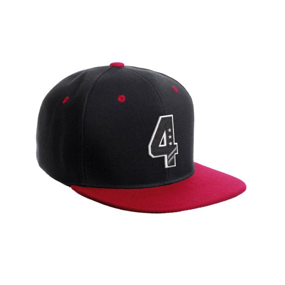 Daxton Classic Snapback 3D Alphabet A to Z Numbers Initials Flat Bill Visor Cap-Black Red Hat, Number 4