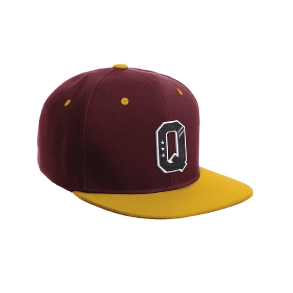 Daxton Classic Snapback 3D Alphabet A to Z Numbers Initials Flat Bill Visor Cap-Burgundy Gold Hat, Letter Q