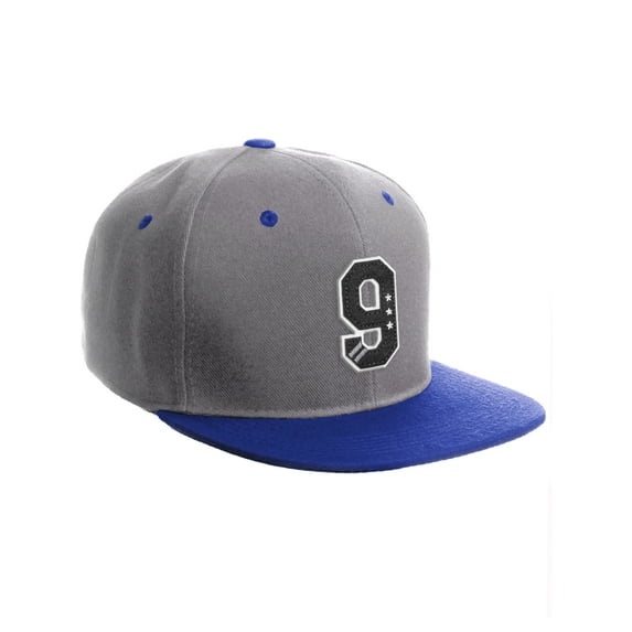 Daxton Classic Snapback 3D Alphabet A to Z Numbers Initials Flat Bill Visor Cap-Light Grey Royal Hat, Number 9