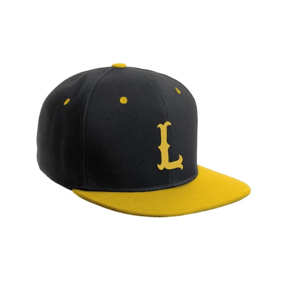 Daxton Classic Snapback Flat Bill Visor Vintage Custom Number Letter Hat Cap, Black Gold Hat, Letter L